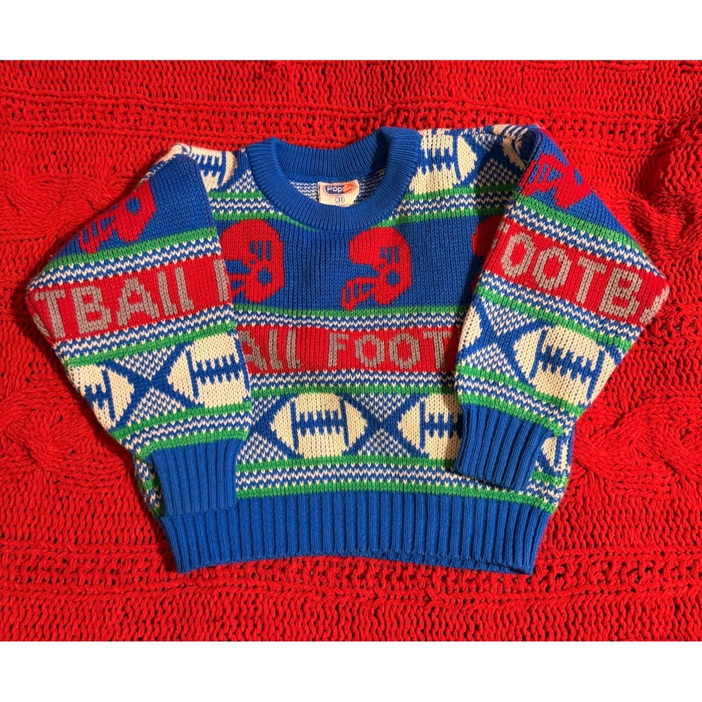 Vintage Popsicle Toddler Boys Blue Football Knit Sweater Helmet Size 3T Retro